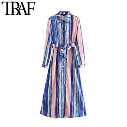 TRAF Women Chic Fashion Colour Striped Midi Shirt Dress Vintage Long Sleeve With Belt Female Dresses Vestidos Mujer 210415