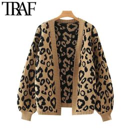 TRAF Women Fashion Leopard Pattern Loose Knitted Cardigan Sweater Vintage Lantern Sleeve Female Outerwear Chic Tops 210917