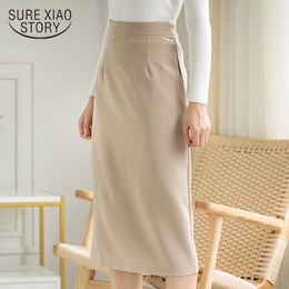Summer Vintage High Waist Back Midi Khaki One-Step Solid Colour Simple Elegant Office Skirt Jupe Femme 9674 210415