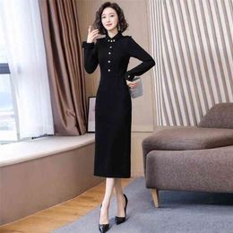 Dress women autumn and winter black Sheath Office Lady Knee-Length Regular Polyester 210416