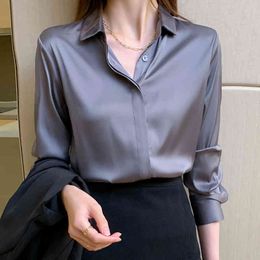 Summer Office Silk Satin Shirts Women Chiffon Solid Colour Blouses Turn Down Collar Long Sleeve OL Simple Tops 6 Colours 210416