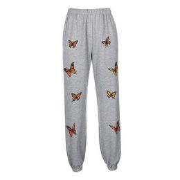 Butterfly Printed Elastic High Waist Harem Pants Capris Casual Loose Joggers Fashion Gray Long Trousers Women Pockets Q0801