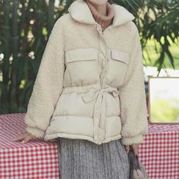 Lapel Lamb Wool Coat Women Bow Tie Splicing Cotton Plush Clothing Winter Female Student Casual Loose Thick Warm Jacket Outerwear 211013