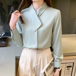 Korean Silk Women Shirt Satin Blouses for Long Sleeve s Tops Woman White Bow Tie s XXL 210604