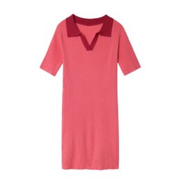 Knitted Mini Dress Turn Down Collar Pink Black Solid Short Sleeve Summer D1132 210514