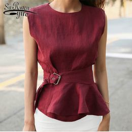 Elegant Stylish Red Summer Tank Top Femme Chemise Women Fashion Shirts O-neck Sleeveless Belted Peplum Blouse 4144 50 210521