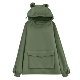 Frog Hoodie Harajuku Sweatshirt Women Hoodies Sweet Japan Top Creative Stitching Cute Frogs Pullover Pocket Hoodie Tot Sell 210728