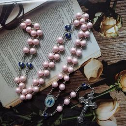 Pendant Necklaces Pink Rosary Necklace Religious Heart Virgin Mary Our Lady Acrylic Prayer Beaded Chain Crucifix Cross Blessing Jewelry
