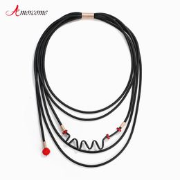 Chokers Amorcome Unqiue Design Black Rubber Statement Necklace Bib Multi Strand Leather Choker Collars Unusual Women Jewellery