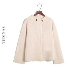 Yedinas Vintage Cardigan Women Sweater Korean Solid Long Sleeve O Neck Winter Loose Split Warm Ladies 210527