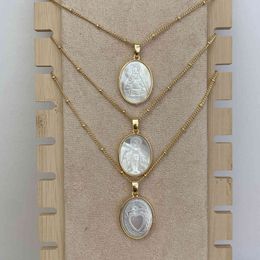 Religiöse ovale Heilige Herz-Jesu-Jungfrau Maria-Halskette für Frauen, natürliche Perlmutt-Muschel-Anhänger-Halskette, Schmuck