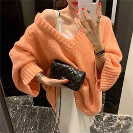 Fashion women sweater autumn and winter loose large size bat sleeves lazy V-neck sweater women 210806