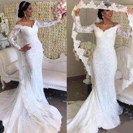 2021 Mermaid Wedding Dresses Bridal Gown Long Sleeves Lace Applique V Neck Beads Sweep Train Custom Made Plus Size vestidos de novia