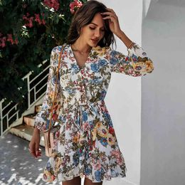 Chiffon Dress Black Vintage Ladies A Line Fashion Flroal Print Ruffle Clothes For Women Retro Dresses New Arrival Autumn 210415