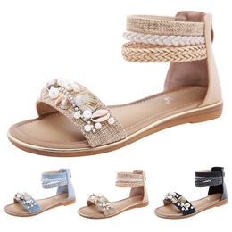 Sandals Women Golden Ladies Trade Shell Beaded Flat Shoes Retro Ethnic Wind Peep Toe Beach Loafers Sandalias De Mujer