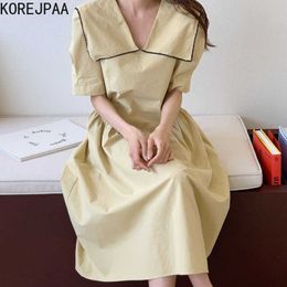 Korejpaa Women Dress Summer Korean Chic Ladies French Niche Lace Contrast Large Lapels Pleated Loose Short-Sleeved Vestidos 210526