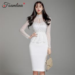 Sexy Women Bodycon Dress White Black Turtleneck Long Sleeve Hollow Out Lace Peplum Casual Work Party Pencil 210603