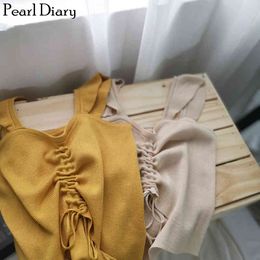 Pearl Diary Women Knitted Ruched Front Tank Top Cut Out Front Waist Solid Cropped Tank Top Dstring Tie Strappy Crop Tee Women X0507