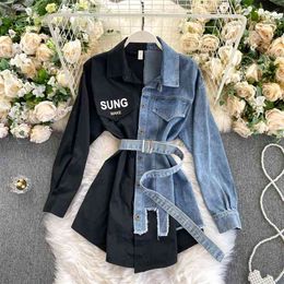 spring Autumn Women's Denim Shirt Colour Contrast Patchwork Lace Up Blouse Shows Thin Versatile Top Fashion GD596 210506