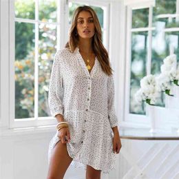 Casual dot white dress buttons summer women loose shirt sleeve springs plus size vestidos 210427