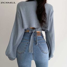 ZCSNMLL Blue Pullover Vintage V-neck Back Tie Careful Machine Hollowing and Tying Wide Loose Lantern Sleeve Knit Sweater Women X0721