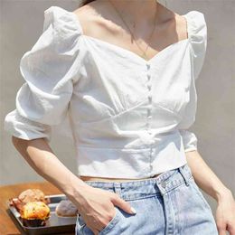 Fashion Women Summer Blouse Sexy Puff Sleeve Shirt Tulle Ruffle Long Ladies White Casual Crop Top Streetwear 210514