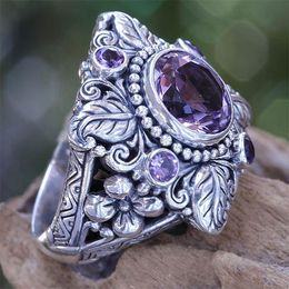 Cluster Rings 2021 Vintage Thai Silver Colour Flower And Leaf Shaped With Purple CZ Stone Big For Woman Wedding Engagement Ring Jewellery