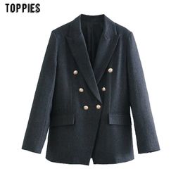 Toppies Woman Blazer Double Breasted Suit Jacket Office Ladies Formal Blazer Solid Colour Notched Collar 210412