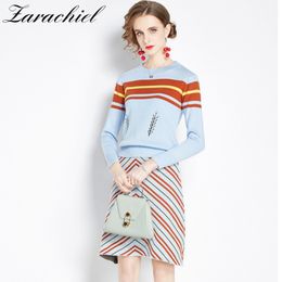 Fashion Striped Knitted Suit Leaf Embroidery Long Sleeve Blue Sweater + High Waist Bodycon Skirt Office Ladies Two-Piece Set 210416