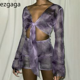 Ezgaga Two Piece Set Women Autumn Long Sleeve Mesh Tops Bow Fashion Mini Skirt Low Cut T Shirt Perspective Club 2 Pice Outfits 210430