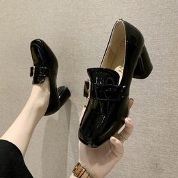 Dress Shoes Patent Leather Chunky High Heels Loafers Metal Belt Square Buckle Decorate Pumps Brand Office Women