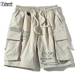 FOJAGANTO Summer Cargo Shorts Men Trend Brand Men's Casual Letter Print Knee Length Pants High Street Wild Male 210629