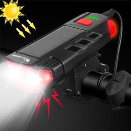 WEST BIKING Bike Light 2-in-1 2xT6 350LM Double LED USB/Solar Charging 5 Modes Front 120dB 6 Horn for MTB Road Cycling - Red