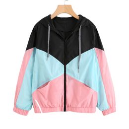 Women Long Sleeve Zipper Pockets Casual Sport Coat multi Colour cut and sew windbreaker with hood Colour block Coats 210419