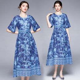 Boutique Womens Printed Dress Flare Sleeve Summer Midi Dresses High-end Fashion Lady Belt Bow Slim Dresses Party Dresses