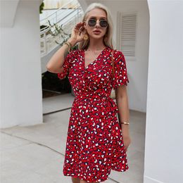 New Leopard Print Dress Women Sexy V Neck Wrap Bust High Waist Lace Up Summer Dress Casual Ladies Loose A Line Mini Dresses 210412