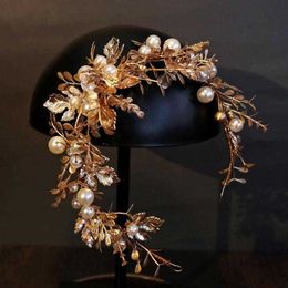 Bridal Hair Jewelry Gold Baroque Headbands Hairbands Pearls Leaf Headpieces Headdress For Brides Women Wedding Accessories X0625