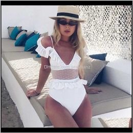 Womens Clothing Apparel Drop Delivery 2021 Lace Ruffle One Piece Swimsuit Women High Waist Swim Black White Monokini 1 Pieces Swimwear V Neck