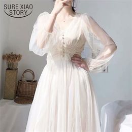 Lace Dress Women Autumn Plus Size Elegant Button A-Line Vestidos Solid V-Neck Voile Mesh Puff Sleeve Empire 8126 210510