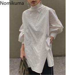 Nomiukma Vintage White Shirt Stand Collar Solid Color Long Puff Sleeve Blouse Women Casual Loose Autumn Irregular Tops Blusas 210514