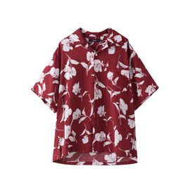 Hawaii Women Red White Turn Down Collar Button Short Sleeve Print Loose Shirt Blouse Floral Flower B0086 210514