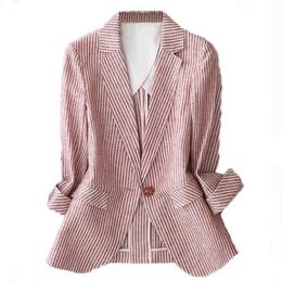 Linen suit female thin 2020 summer new striped long sleeveone button slim cotton casual jacket X0721