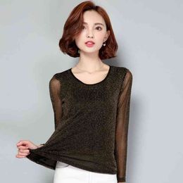 Spring Women blouses O-neck long-sleeved Mesh Womens Tops Fashion Blouses shirts Black Casual chiffon Blusas 63C5 210420
