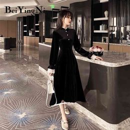 Black Velvet Dress Vintage Fashion Elegant Full Sleeve Warm Autumn Winter Women Midi Vestido Roupa Feminina 4XL 210506