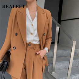 Autumn Winter Women Pants Suits Double Breasted Notched Blazer Jacket & Long Pant Office Wear Female Sets 210428