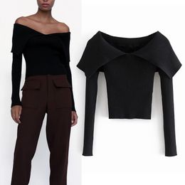 Autumn Clothes Black Crop Knit Top Women Blouses White Off Shoulder Tops Woman Sweaters Fall Long Sleeve Bodycon Pullover 210430