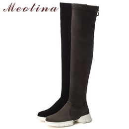 Winter Over The Knee Boots Women Cow Suede Thick Heel Thigh High Slim Stretch Zipper Shoes Ladies Fall Size 34-39 210517