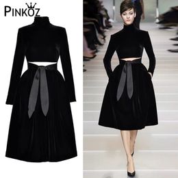 runway designer high quality stand collar black waist hollow out dress Ball Gown Party Night Gothic Dresses Lady ZA 210421