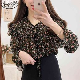 Women Floral Print Chiffon Shirts Casual Blouses Cardigan Ladies Tops Autumn Korean Puff Long Sleeve Blouse Bow Blusas10408 210506