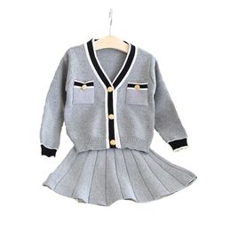 Autumn Girl's Knitted Coat Cardigan Skirt Two-Piece Set toddler girl winter clothes 210515